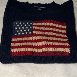 Ralph Lauren Navy Crewneck Sweater with Red, Cream & Blue Flag Motif NWOT